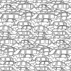 Vector hand drawn seamless black and white pattern with cars in traffic jam.