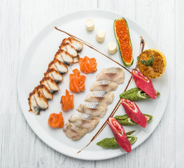 Fish set of salmon caviar and several types of fish
