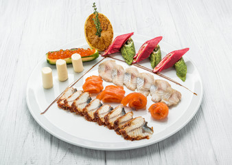 Fish set of salmon caviar and several types of fish