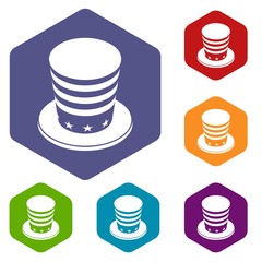 American conic hat icons vector colorful hexahedron set collection isolated on white