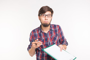 Funny bearded man with documents on white background