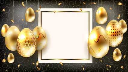 Easter dark composition with silhouettes of golden eggs with glitter, frame and scraps of ribbon,
