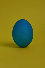 One blue painted Easter egg stand on a yellow background. Happy Easter holiday card or banner. 
