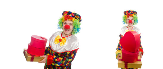 Fototapeta na wymiar Clown with giftbox isolated on white