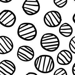 Geometrical background with striped uneven circles. Abstract round seamless pattern. Hand drawn dots pattern on white background. Vector illustration.    