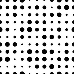 Black and white seamless pattern with grunge halftone dots. Dotted texture. Halftone dots background. Polka dot infinity. Abstract geometrical pattern of round shape.Screen print. Vector illustration.