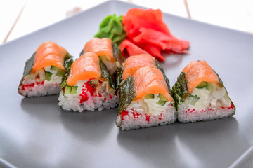 homemade sushi with salmon, cream cheese Philadelphia, Japanese omelette