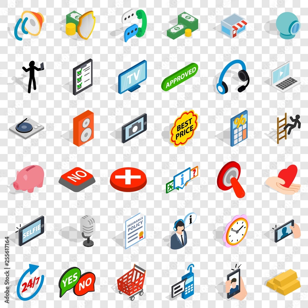 Poster internet icons set. isometric style of 36 internet vector icons for web for any design