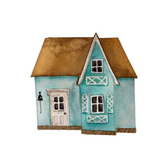 Watercolor illustration. Small cartoon sea house . Hand drawn picture for decoration, invitation card, greeting card.