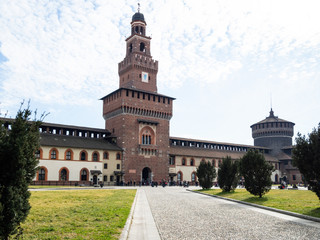 Fototapeta na wymiar courtyard of Sforza Castle with towers in Milan