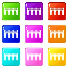 Old arch bridge icons set 9 color collection isolated on white for any design