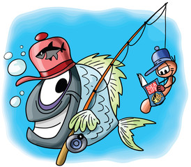 Cartoon fish character goes fishing together with his worm friend sitting on the hook and reading a magazine vector illustration