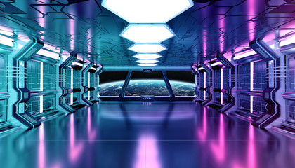 Dark blue pink spaceship futuristic interior with window view on planet Earth 3d rendering © sdecoret