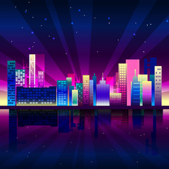Night neon city in synthwave style. New York urban background with colorful gradients.