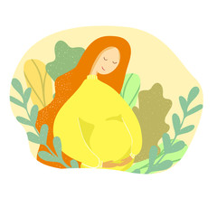 Mother's Day holiday. Happy motherhood concept. Pregnant woman with leaves. Vector illustration.