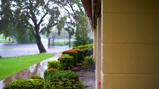 Rain water overflowing from gutter on side of brick building.