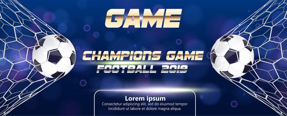 Soccer or Football Banner With 3d Ball on blue background. Soccer game match goal moment with ball in the net and place for text © Yury