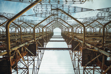 Duga - Soviet over-the-horizon OTH radar system. Duga-3 Russian Woodpecker - antenna complex, military object of USSR ABM. Chernobyl Exclusion Zone, Pripyat, Ukraine