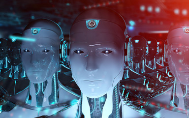 Group of male robots following leader cyborg army 3d rendering
