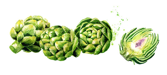 Obraz premium Fresh artichokes and cut half horizontal composition. Watercolor hand drawn illustration isolated on white background