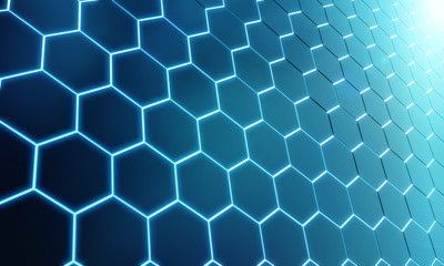 Glowing black and blue hexagons background pattern on silver metal surface 3D rendering