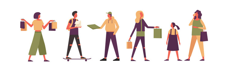 Set of various people shopping isolated on white background. A group of men and women cartoon characters. Vector illustration in flat style.