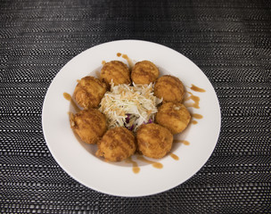 Set of sushi and maki roll on stone table. Top view with copy space