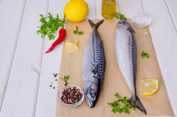 Fresh fish. Mackerel with salt, lemon and spices on a white background. Cooking fish with herbs.