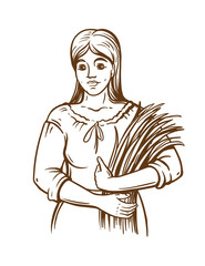 Woman in dress hold fresh grass green-fodder . Hand draw. Bakery shop. Sketch illustration
