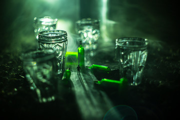 Selection of alcoholic drinks on rustic wood background. Creative artwork decoration