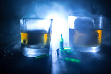 Selection of alcoholic drinks on rustic wood background. Creative artwork decoration