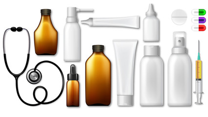Realistic medical packaging and drugs. Medical equipment: syringe, stethoscope, tablets.