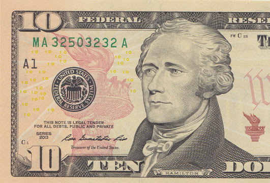 Ten dollar bill 10 usd closeup macro, Alexander Hamilton portrait, united states money close up, 2013 series