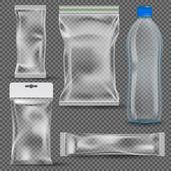 Transparent packaging for food. Realistic Vector Packs and Bottle