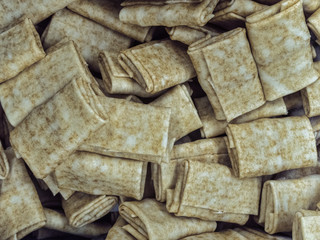 Frozen pancakes with meat in the freezer