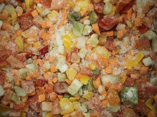 Frozen lecho of vegetables in the refrigerator in the store