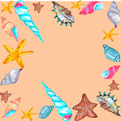 Square frame with hand painted underwater life objects. Hand drawn watercolor painting on brown background.