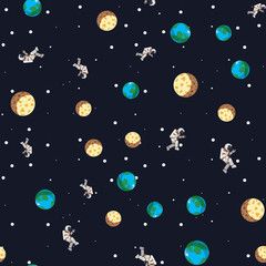 Space print. Seamless pattern Flat Funny flying astronaut in space with Earth and moon.
