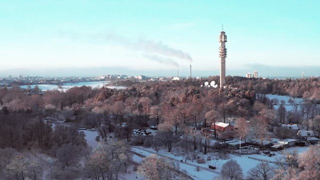Aerrial footage of kaknästornet from Djurgården, an Island in Stockholm Archipelago.