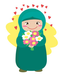 Muslim woman holding a bouquet of flowers. Vector illustration. 