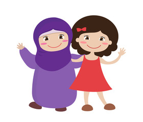 Muslim girl and brunette together on a white background. Vector illustration. 