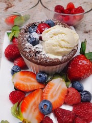 Muffin with ice cream and fruits