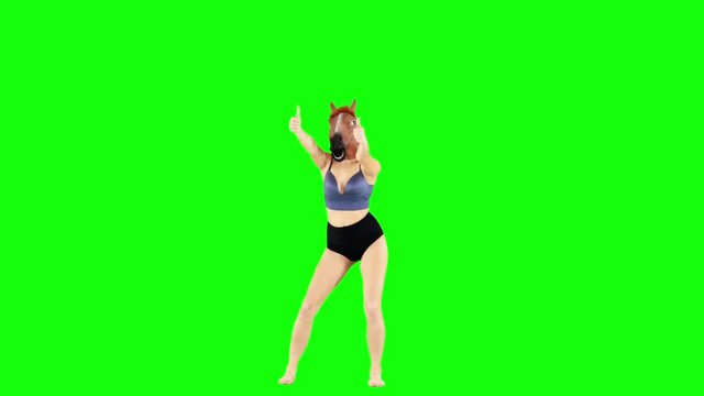 Ridiculous Girl Giving Thumbs Up Wearing Horse Head Mask Green Screen