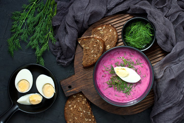 Cold beetroot soup. Top view