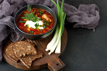 Soup  borscht with dill in ceramic  bowl