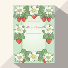 Vector floral hand drawn frame with strawberry flowers and berries. Card template