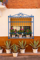 Fototapeta na wymiar Beautiful window with flowers and blue painted metal window grill in Azofra, La Rioja Spain, architectural detail