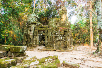 The  small stone  castle  has  deteriorated  in the  forest.