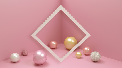 Pink room with beautiful balls in different colors and textures, pastel colored image. Trendy interior in pastel color, frame for text and minimal design.