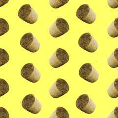 Fototapeta na wymiar Raster seamless pattern. Bales of straw on a yellow background. Site about agriculture, farm, animal husbandry, graphics.